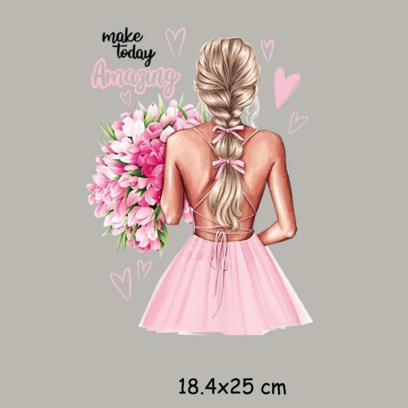 

18.4x25cm Fashion Beauty Girl Flower Iron On Patches For DIY Heat Transfer Clothes T-Shirt Thermal Stickers Decoration Printing