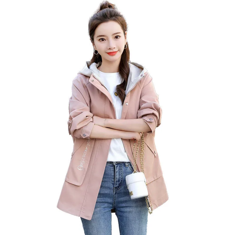 

Women Windbreaker 2021 Spring Autumn New Casual Short Jacket Loose Hooded Wild Student Tooling Jackets Large Size Zipper Coat W2