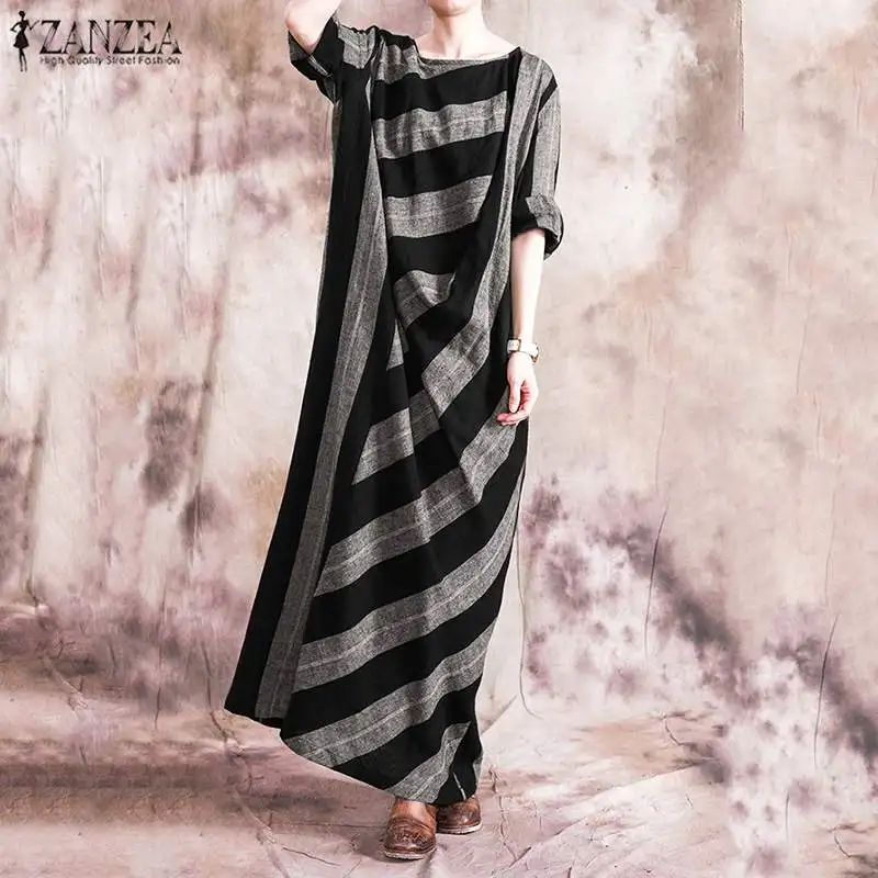 Женское хлопковое льняное платье в полоску винтажное длинное с длинным рукавом