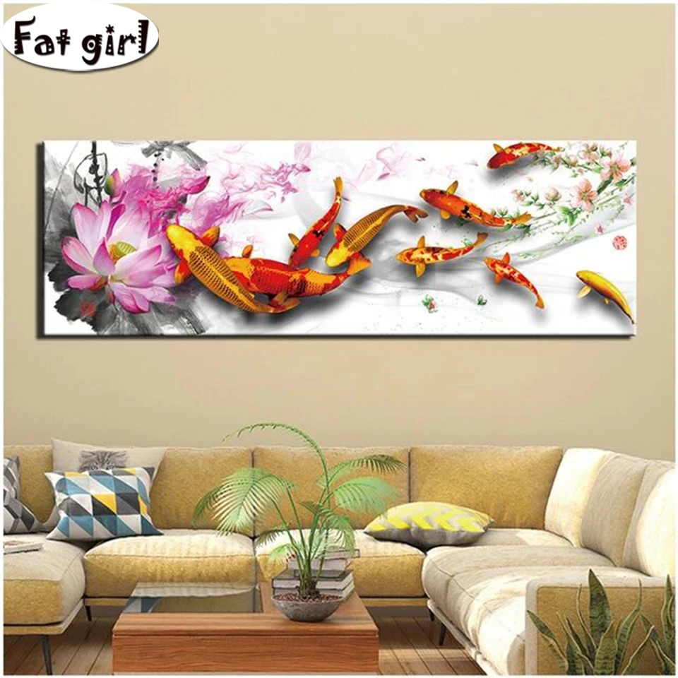 

Lotus koi picture 5d Diy diamond painting Carp swim in lotus pond cross stitch embroidery mosaic square round drill Wall Sticker