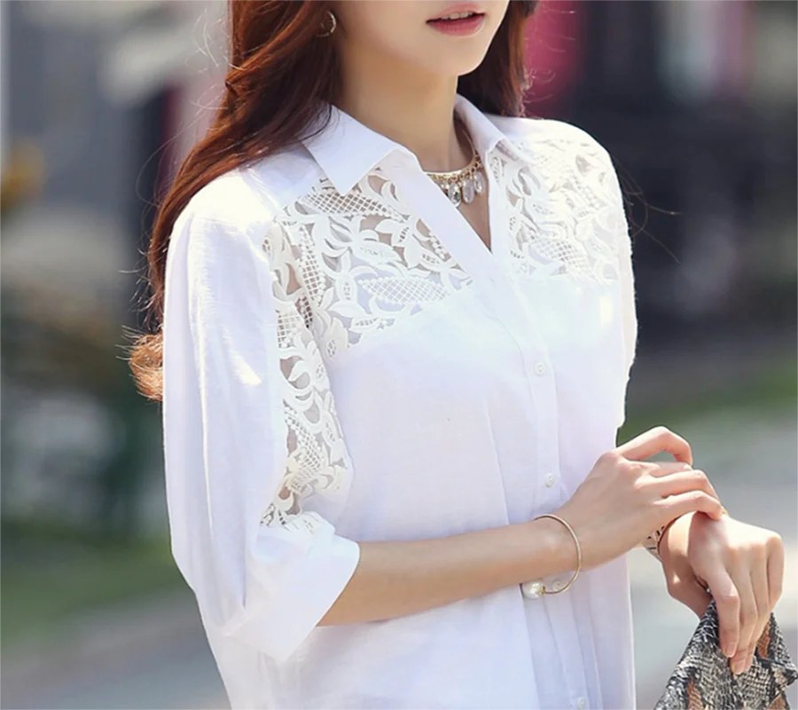 

Large size loose casual blouses 2021 spring blouses lace V-neck lapel five-point sleeve chiffon Tops solid color shirt