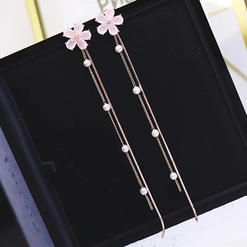 Temperament flower earrings pearl Korean style tassel pendant long personality cold and versatile female | Украшения и аксессуары