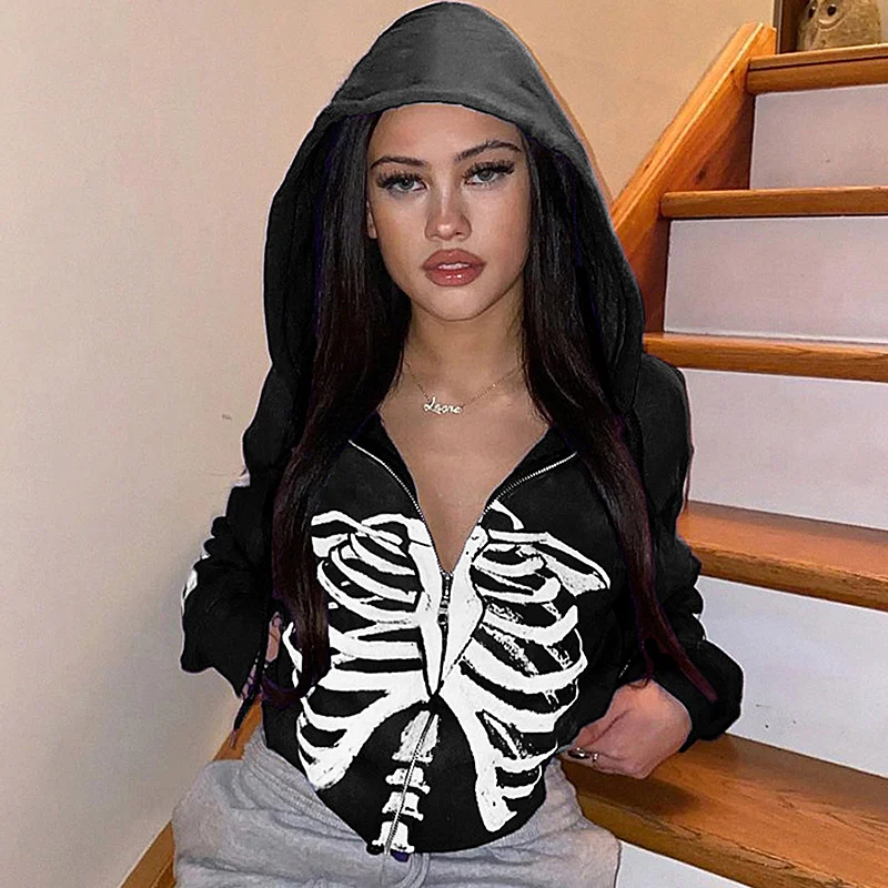 Женская Осенняя куртка с капюшоном Готическая толстовка и принтом черепа в стиле