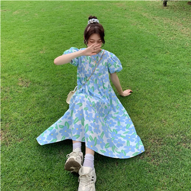 

2021 Women Summer Round Collar Folds Long Floral Dress Puff Sleeve Slim Waist A-line Midi Sundress For Woman