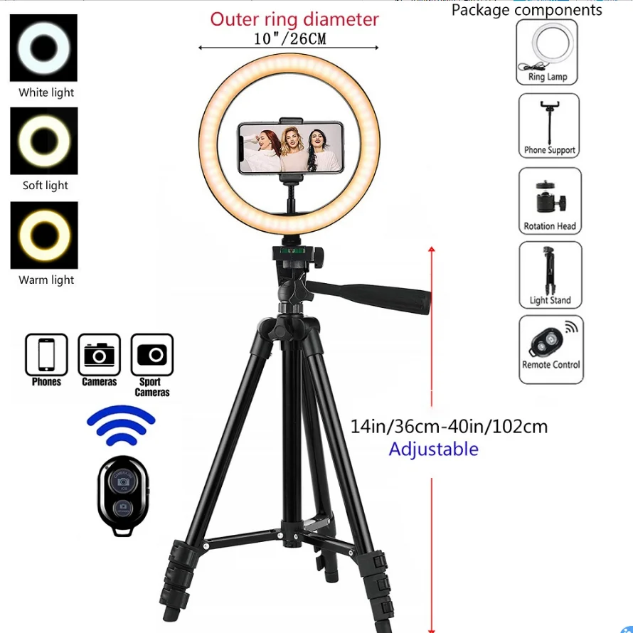 

Photography LED Selfie Tripod 26cm For Phone Adjustable Bluetooth Ring Light Remote Lamp Studio Holder Youtube Live