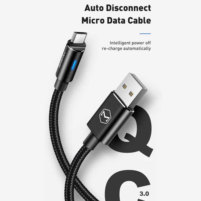 10 шт./лот Mcdodo Micro USB кабель для samsung Xiaomi huawei QC3.0 Быстрая зарядка автоматическое отключение USB кабель для передачи данных Android СВЕТОДИОДНЫЙ провод