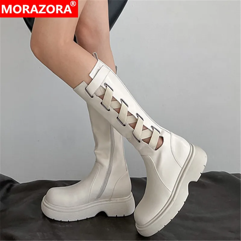 

MORAZORA 2022 New Arrive Genuine Leather Boots Women Shoes Hollow Out Fashion Flat Platform Shoes Women Knee High Boots