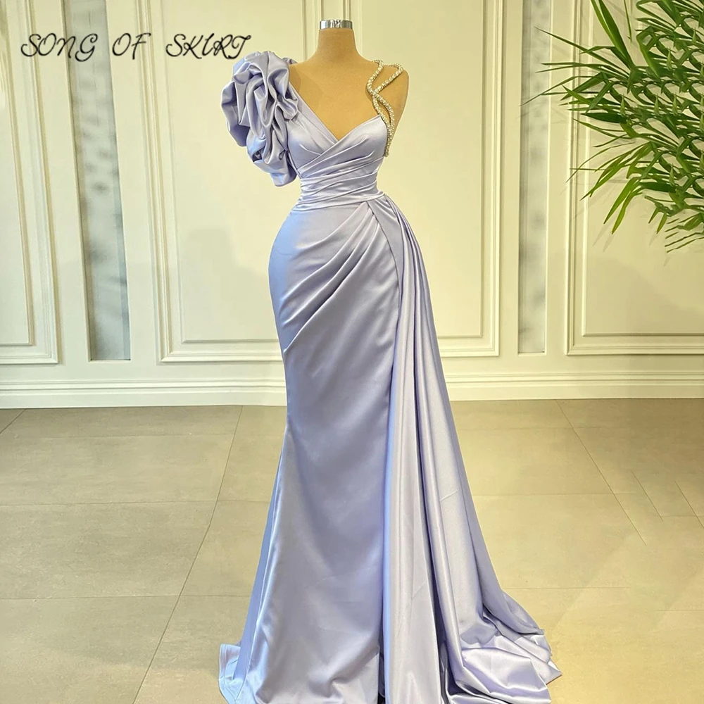 

Arabic Mermaid Evening Dresses Puff Sleeves One Shoulder Dubai Prom Dress Satin Celebrity Birthday Party Gowns Robe De Soirée
