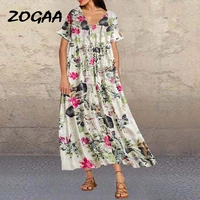 zogaa women vintage v neck floral printed long dress summer short sleeve casual sundress robe femme retro party vestido kaftan