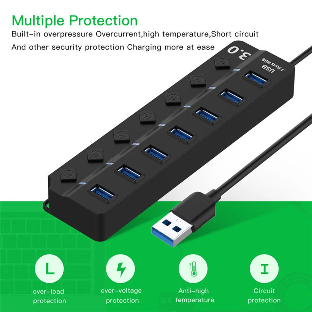 

High Speed USB Hub 7 Port USB 3.0 Hub Splitter On/Off Switch with EU/US/UK Power Adapter for MacBook Laptop PC