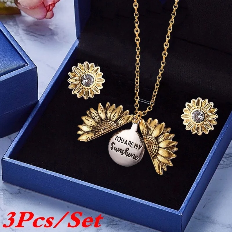 3 шт./компл. новинка с гравировкой подсолнуха ожерелье серьги медальон ювелирные