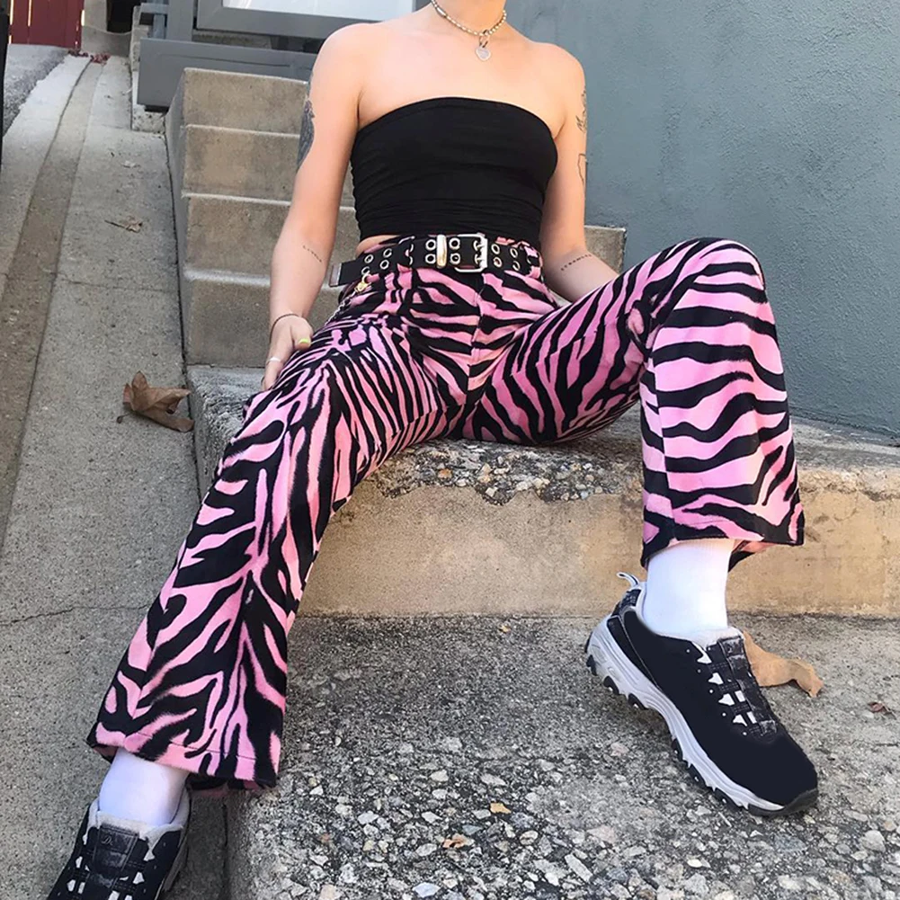 

Zebra Print Pants Women High Waist Flare Trousers Casual Loose Animal Zebra Printing Fashion Fashionable Straight Long Pants New