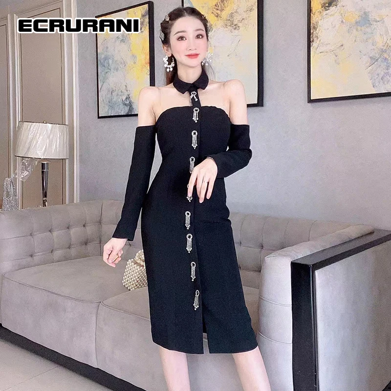 

Черное элегантное платье ECRURANI для женщин с отложным воротником, длинным рукавом и открытыми плечами, женские сексуальные платья-миди для по...