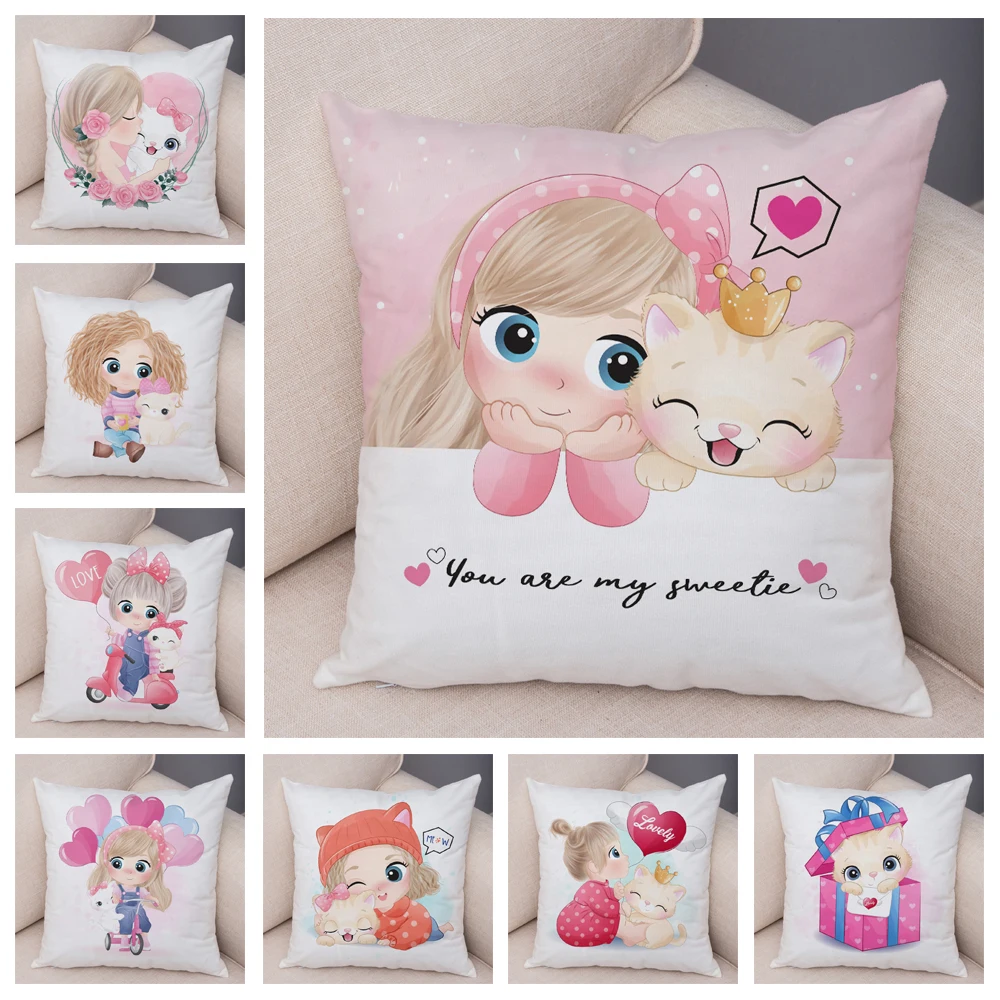 

Lovely Girl and Cat Pillowcase Decor Cute Cartoon Child Cushion Cover Plush Pillow Case for Children Room Sofa Home Car 45x45cm