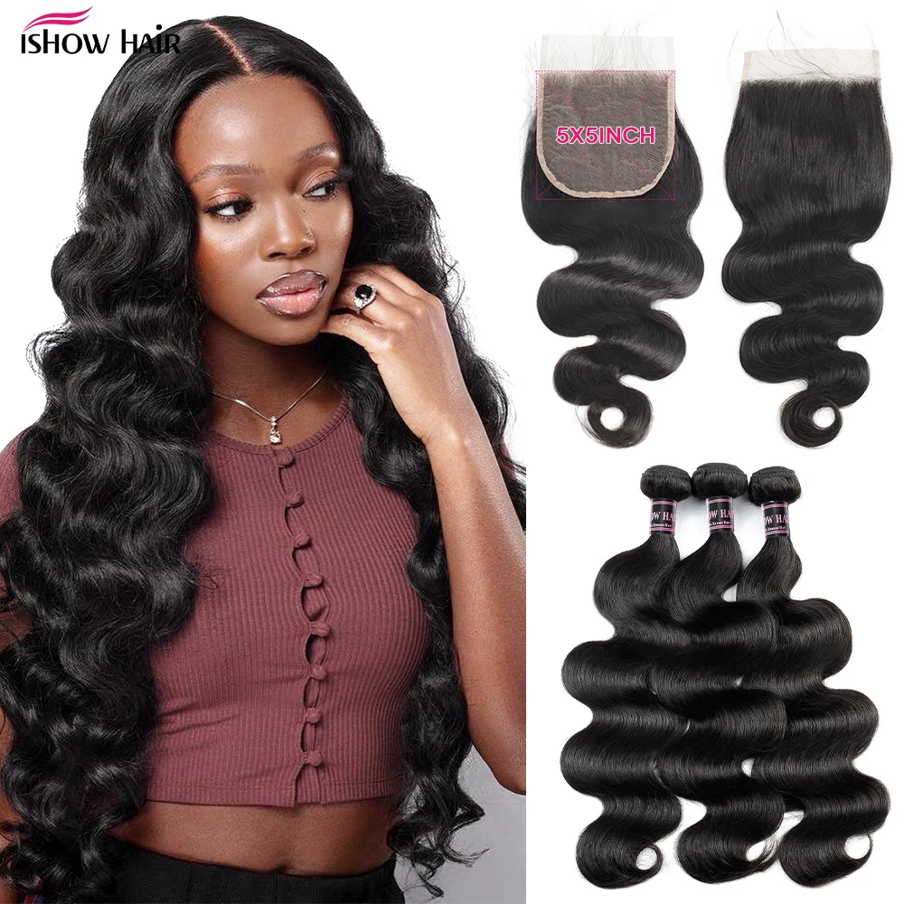 Пучки волос Ishow волнистые с закрыванием малазийские пучки натуральных свободная