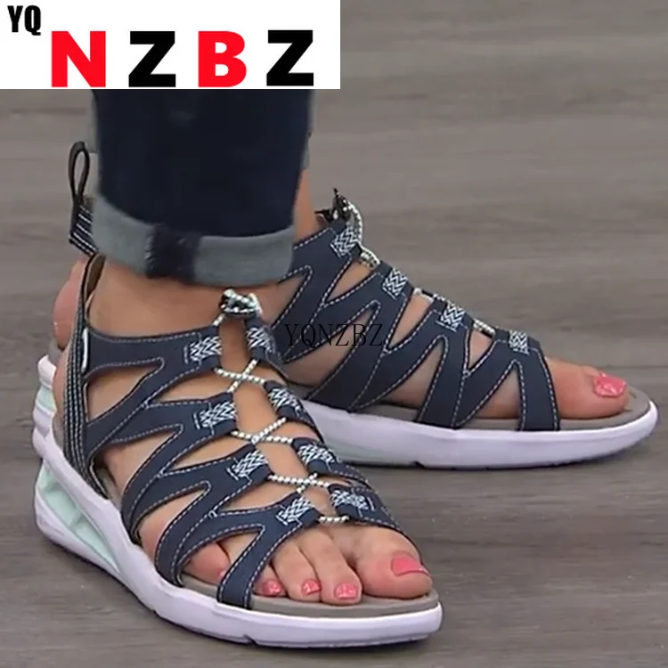 

New Sandals Solid Color Round Open Toe Soft Wedge Drawstring Ladies Sandalias Summer Fashion Outdoor Beach Shoes Women Sandalias