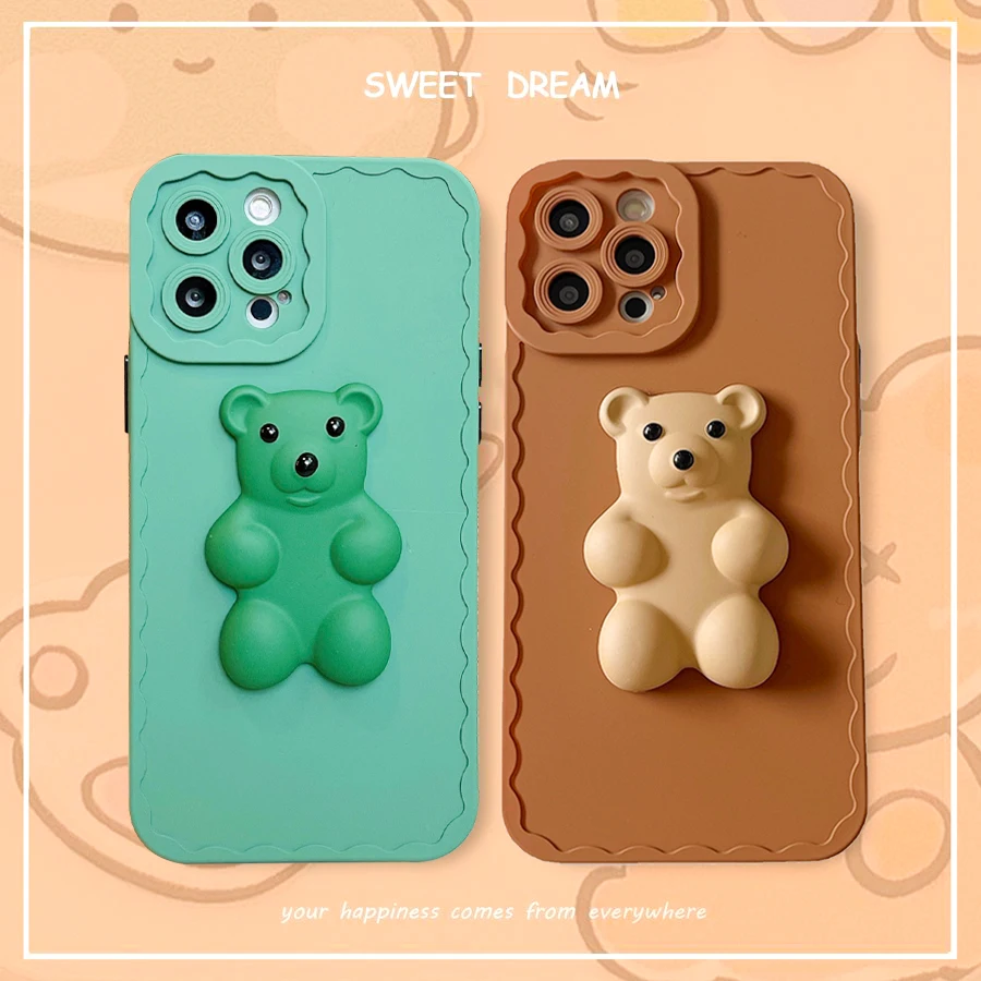 

3D Cute Cartoon Soft Silicone Phone Case For iPhone 13 12 11 Pro Max SE 2020 XR XS MAX 7 8 Plus Solid Color Cartoon Bear Covers