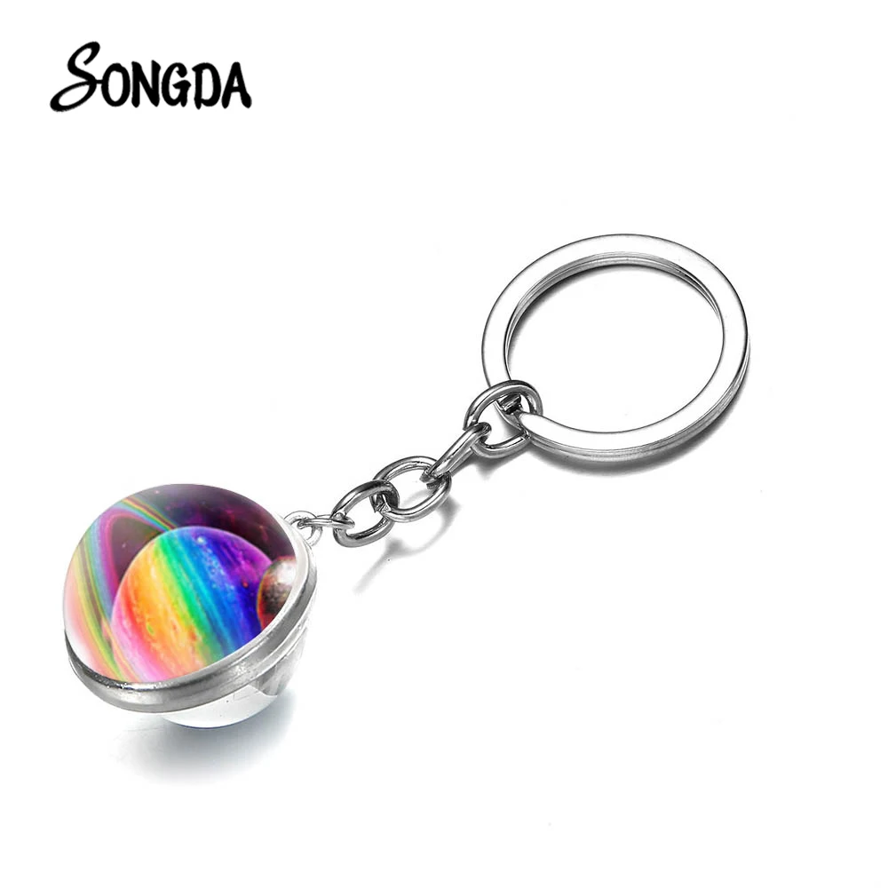 

New Fashion Rainbow Planet Key Chain Nebula Galaxy Star Art Picture Double Side Glass Ball Pendant Key Ring Holder Car Keychain
