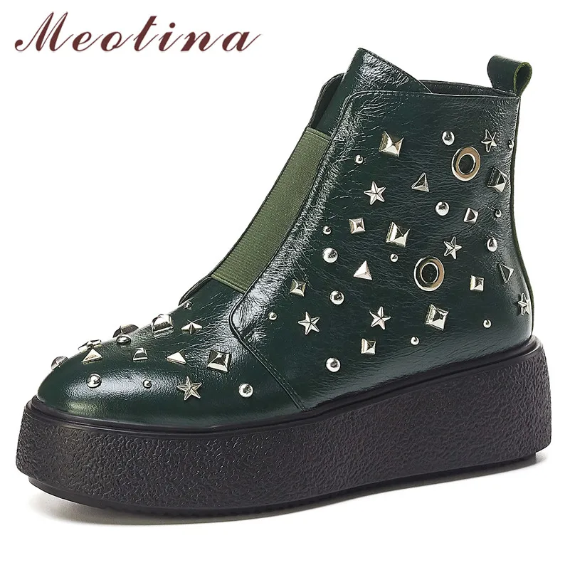 

Meotina Autumn Ankle Boots Women Natural Genuine Leather Zipper Flat Platform Short Boots Rivet Round Toe Shoes Female Winter 39