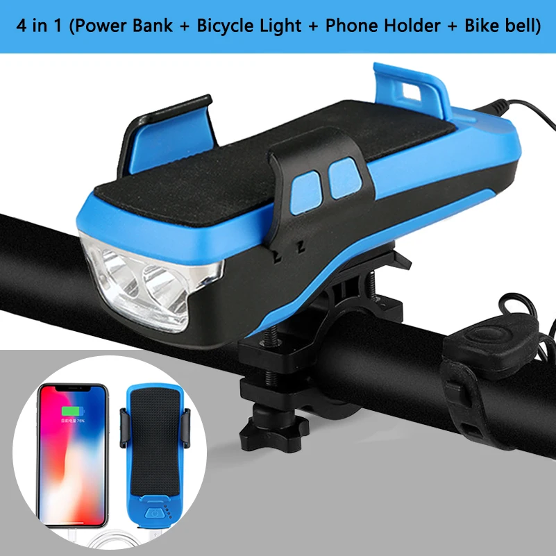 

4 in 1 Bicycle Phone Holder Power Bank Charger Bike Light MTB Handlebar Bike Horn Bell LED Light Phone Stand Bracket for iPhone