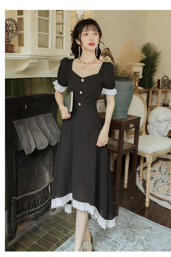 

COIGARSAM French Style Short Sleeve Women dress Vintage Dresses Black 8929