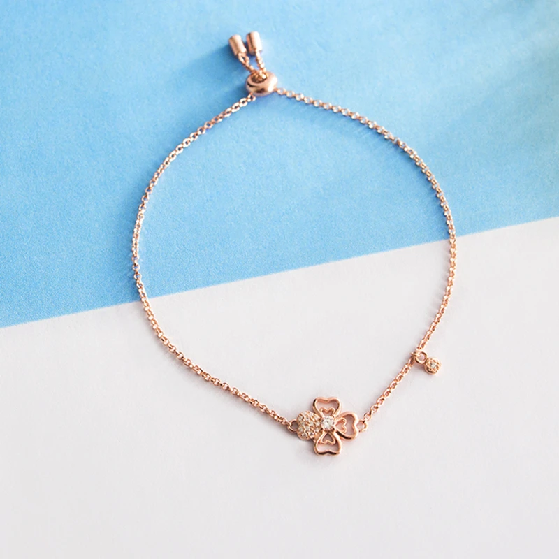 Rose Gold Простой браслет из стерлингового серебра S925 пробы, ювелирные браслеты и кулоны, женские Цветочные браслеты, женские серебряные 925 ювелирные изделия, браслет с клевером - Окраска металла: Rose Gold