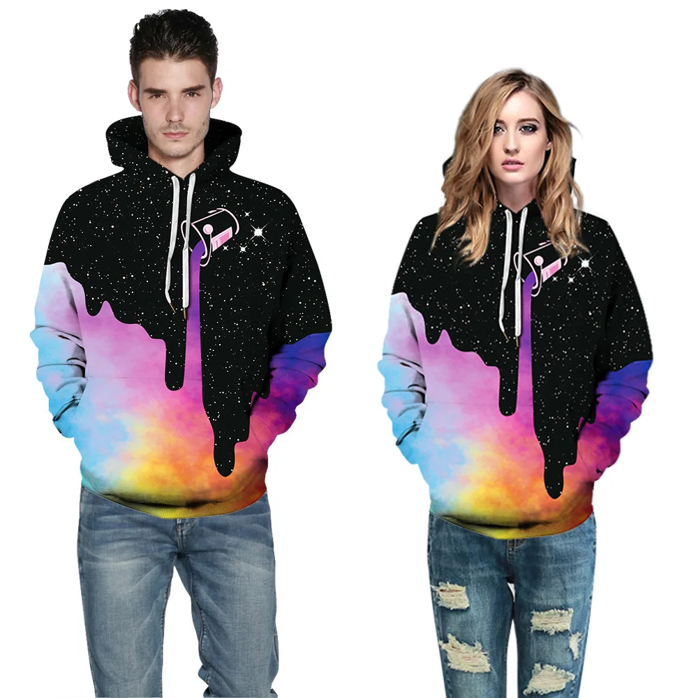 

Autumn Winter Starry Sky Color Ink 3D Digital Printing Hooded Sweater Plus Size Warm Windproof Couples Baseball Uniform Hoodie