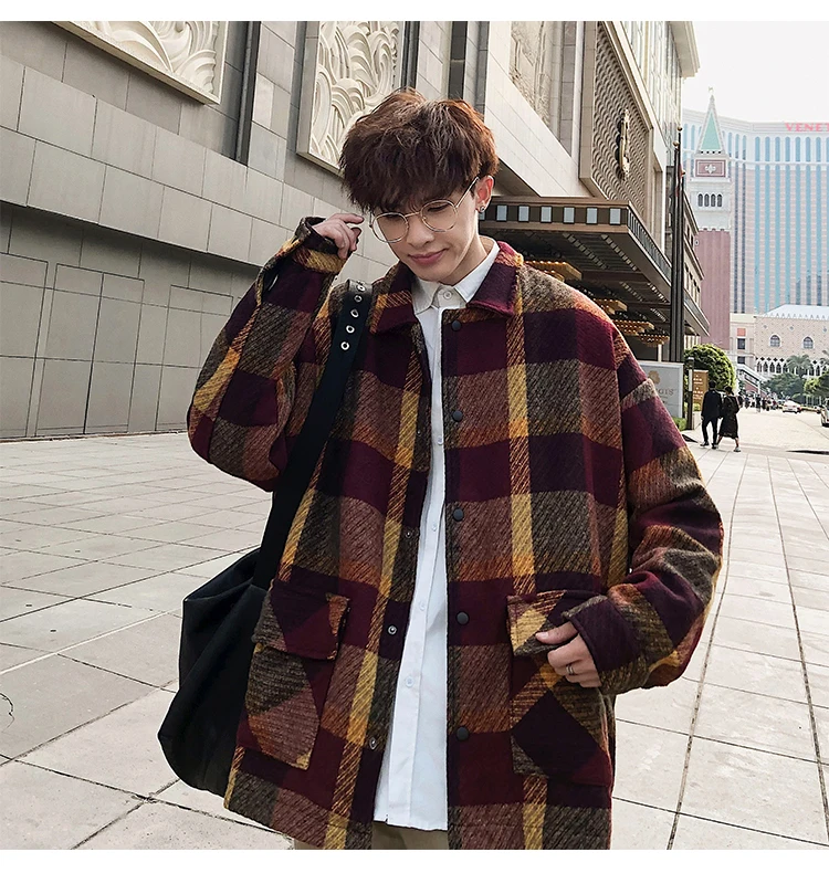 Fashion Mens woolen coat Red Khaki Loose plaid jacket Autumn Spring Winter