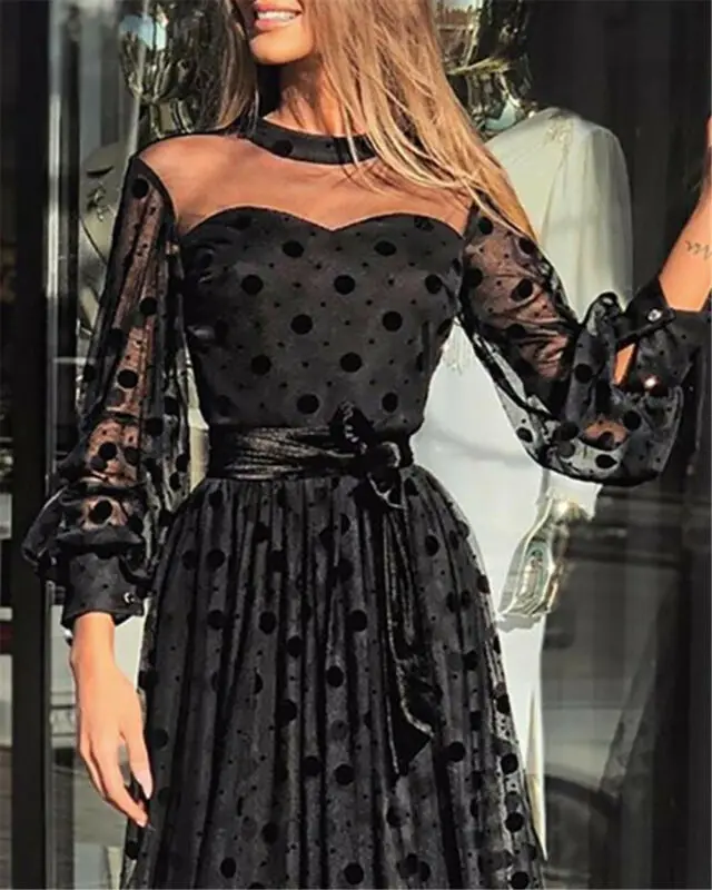 Goocheer New Arrival Plus Size Women Ladies Lace Mesh Sheer Long Sleeve Polks Dot Dresses Evening Party Gown Vestidos | Женская одежда