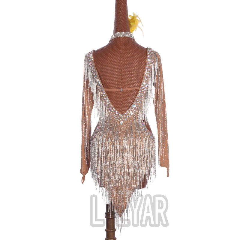 New Latin Dress Dance Dress Skirt Competition Dress Decoration Latin Dance Costumes Skirt Bead Tube Tassels Deep V complexional