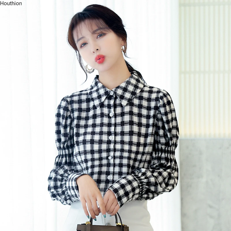 

Houthion New Casual Women's Blouse Fashion Long Sleeve Top Lattice Buttons Shirt Spring/autumn Chiffon Slim Blusas