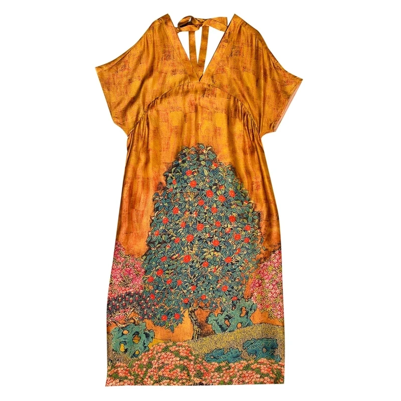 

Summer Women Loose Casual M-4XL Plus Size Midi Dress 2021 Vintage Print Mulberry Silk Beach Sundress Elegant Party Vestidos