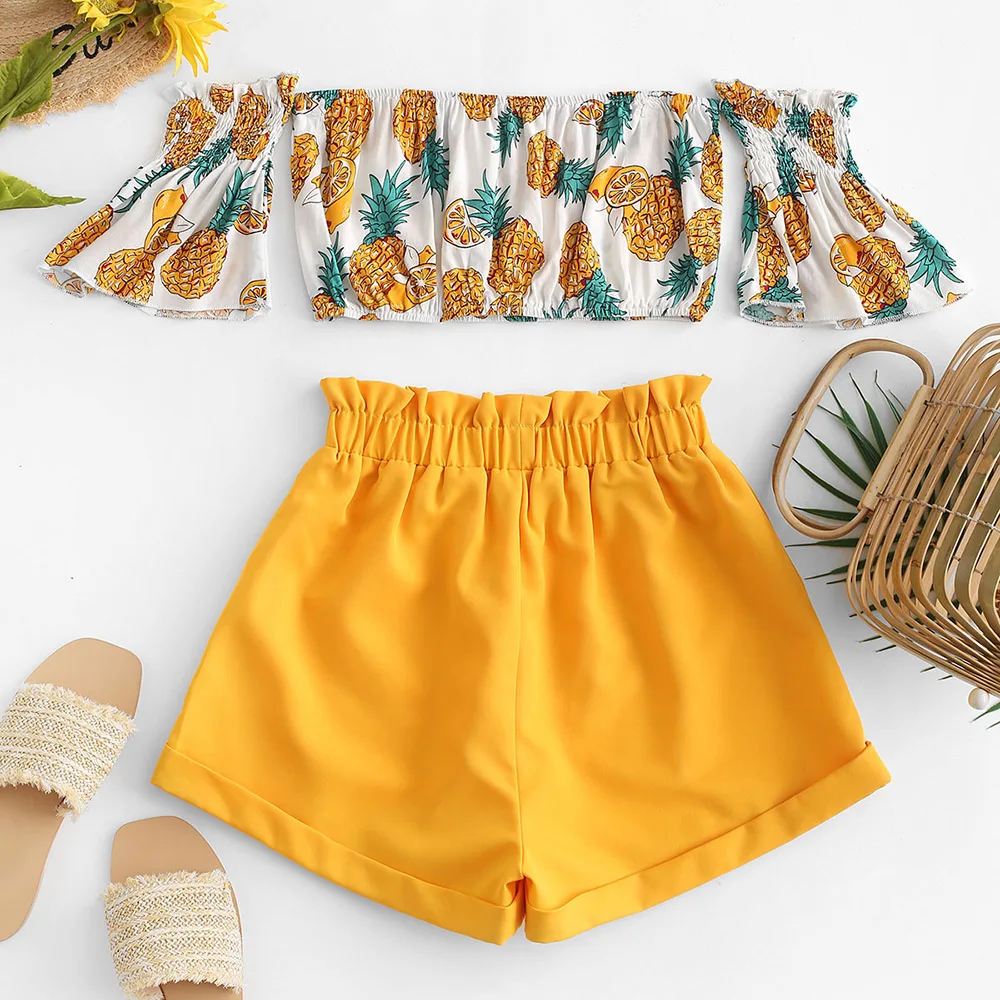 ZAFUL топ с открытыми плечами рисунком ананаса и шорты короткими рукавами женский