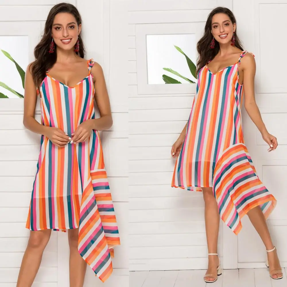 Праздничное платье новинка 2020 летнее в радужную полоску необычное женское |