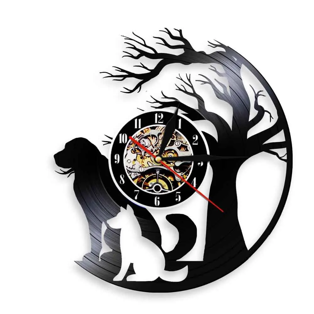 

Creative Tree Dog Shadow Christmas Eve Vinyl Vinyl Record Hanging Clock Home Wall Art Decorative Wall Clock
