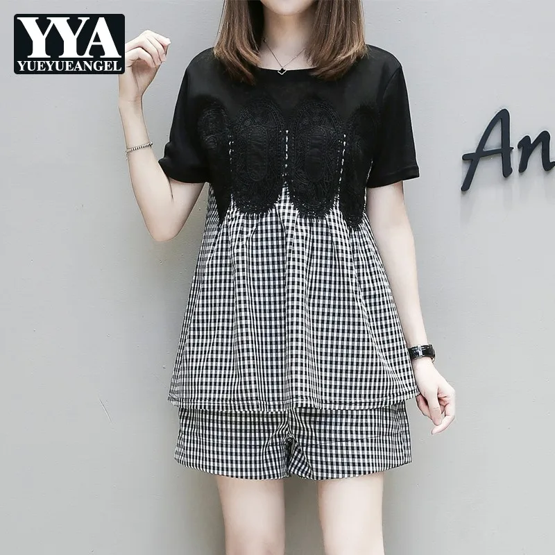 

2021 Summer Loose Plaid Shorts Set Women Street Casual Sport Suit Female Lace Patchwork Short Sleeve T-Shirt Two Piece Set