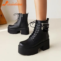 karinluna ins hot female cross tied square heels round toe boots zipper platform black ankle boots women punk shoes woman