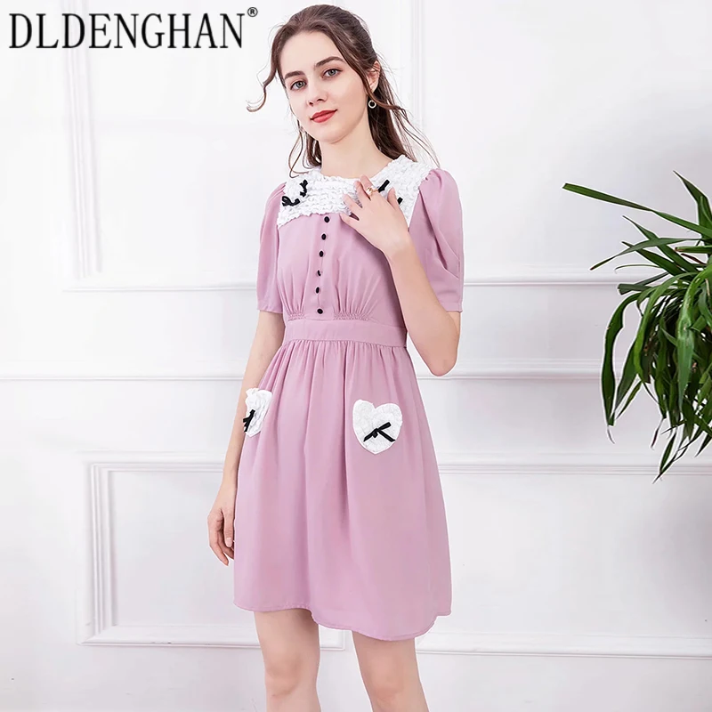 

DLDENGHAN High Street Patchwork Ruffle Solid Dress For Women Square Collar Short Sleeve Single Breasted Mini Dresses Summer New