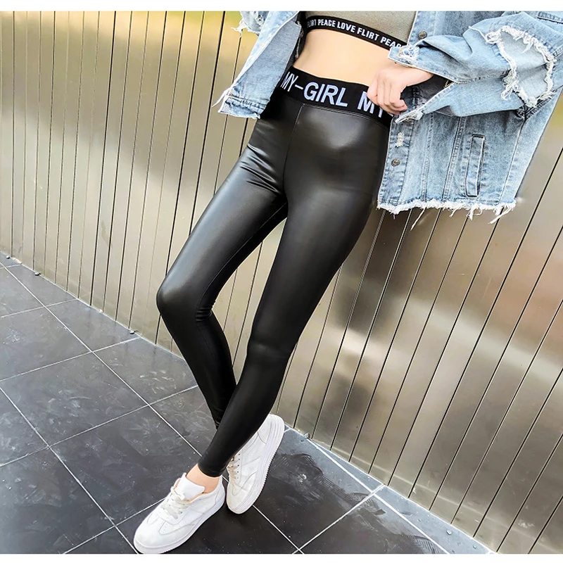 Леггинсы Зима 2019 для женщин черные модные кожаные леггинсы с высокой талией пуш