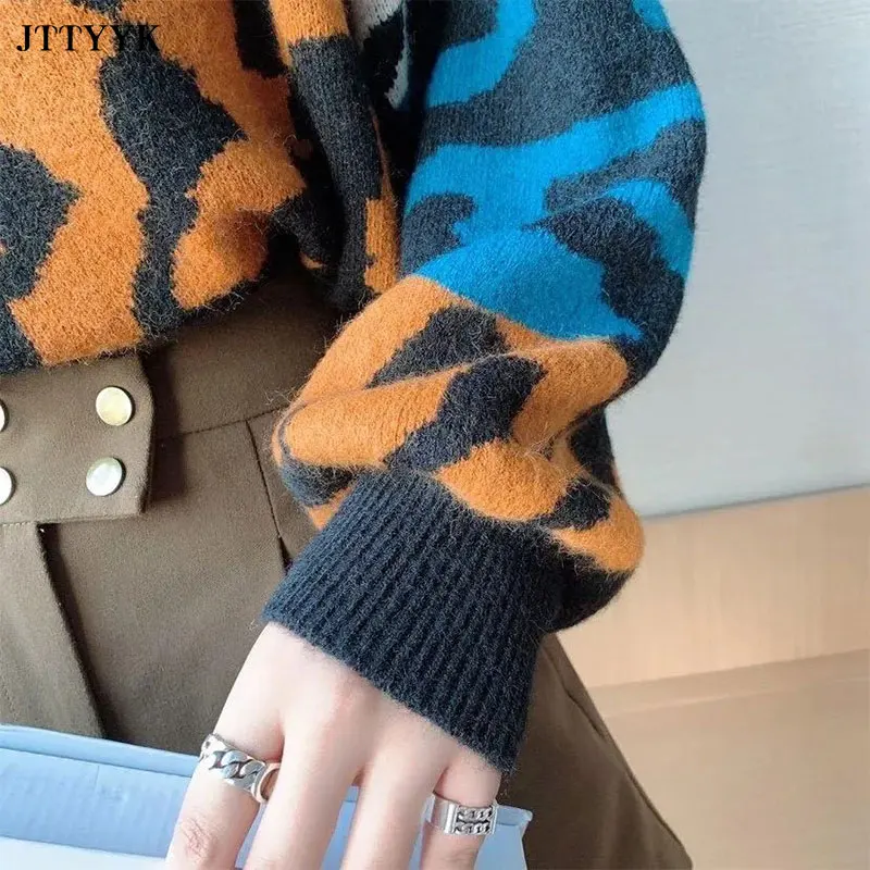 

Short Painting Pullover Sweater Womens Fall Loose Leopard Print O Neck Knitted Sweater Top Women Winter Thick Knitted Base Shirt