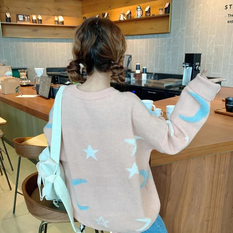 

Harajuku Autumn Winter Oversized Moon Star Pullover Sweater Women Japanese O-neck Student Knitted Sweater Cute Kawaii Sweaters