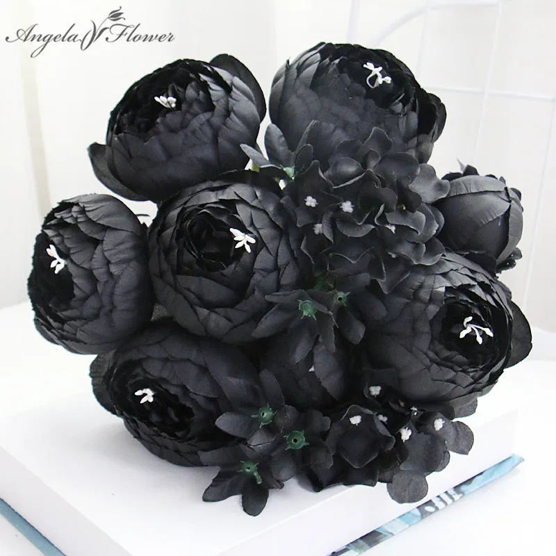 12 головок Черный Пион Гортензия роза искусственный цветок букет украшение