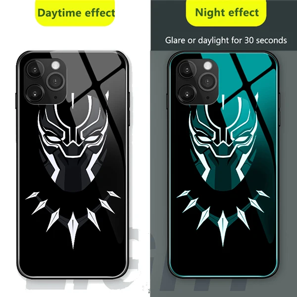 Marvel Человек-паук Бэтмен световой Стекло чехол для iPhone XR XS MAX 7 6 8 плюс Черная пантера Железный человек чехол телефона для iPhone X 10 - Цвет: Black panther