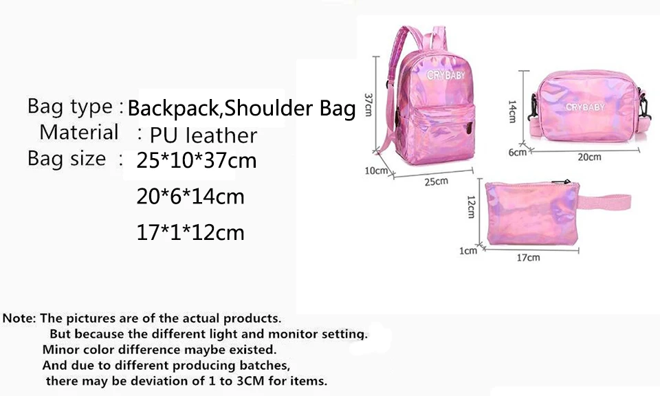 

Holographic Laser Backpack Embroidered Patent Letter Hologram Backpack set School Bag