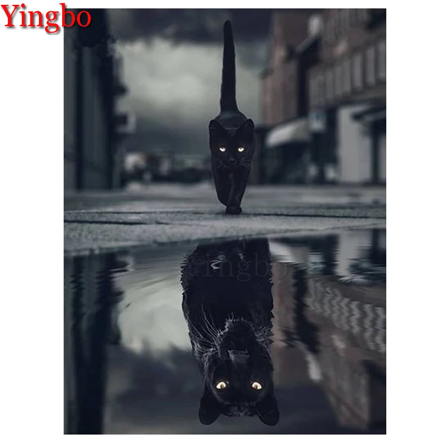 

Алмазная 5D живопись «сделай сам», черная кошка, отражение, Черная пантера, алмазная вышивка, 3d вышивка крестиком, полная квадратная/круглая ...