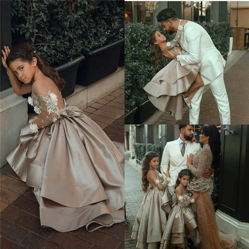 

Champagne Flower Girl Dress Long Sleeves Sheer Neck Satin Puffy Formal Dress for Girls Princess Birthday Party Gowns