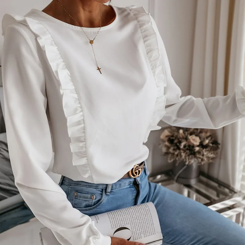 

Female Shirt casual style Solid Color Round Neck Long Sleeve Blouse Tops for Women outfit leisure wear