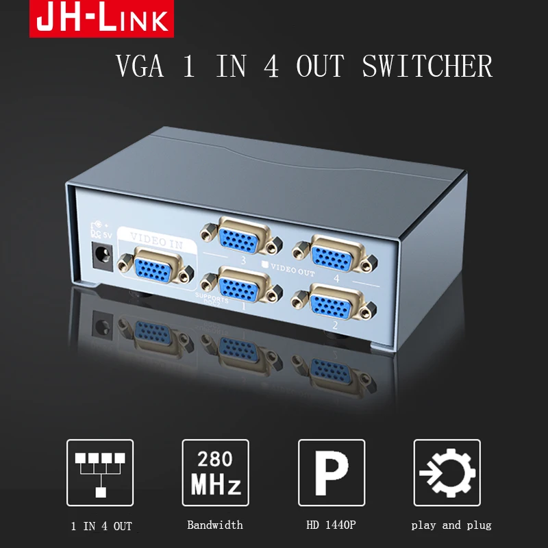 JH-LINK VGA коммутатор с 4 портами SVGA видео 4*1 HD усилитель сигнала сплиттер широким