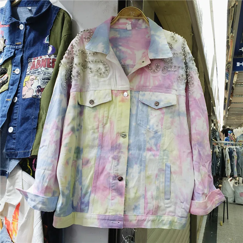 

Heavy Industry Beads Denim Jacket Women's Loose Tie-Dyed Color Gradient Color All-Matching Cowboy Top Autumn Jeckets Girls Coat