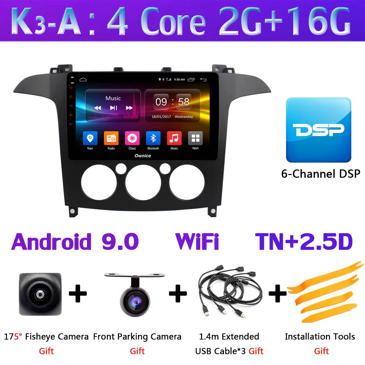 K3-A 360 ° камера 4G SIM Android 9,0 4G+ 64G gps Navi Радио CarPlay SPDIF DSP Автомобильный плеер стерео для Ford S-Max S Max 2007-2008 AT/MT - Цвет: K3-A